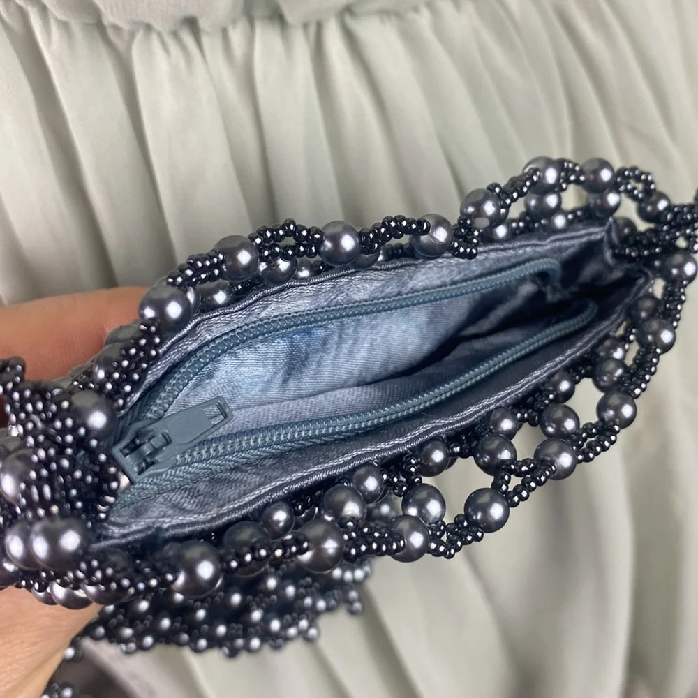Beautiful Pearl beaded crossbody phone/glasses bag grey 5x6” w. 22” drop